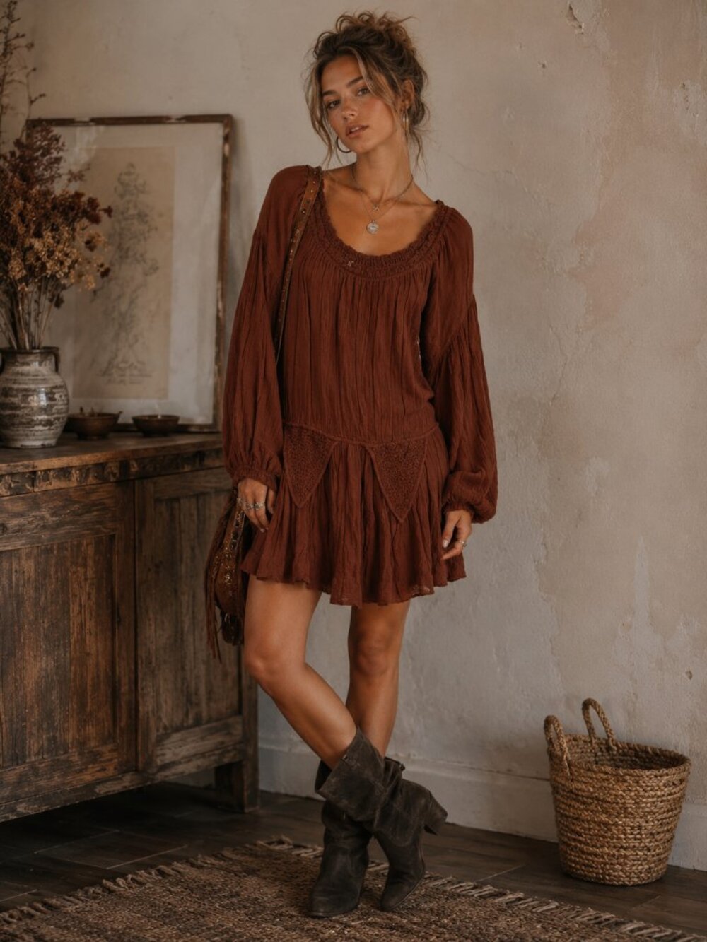 Free People Rust Brown Long-Sleeve Peasant Dress
